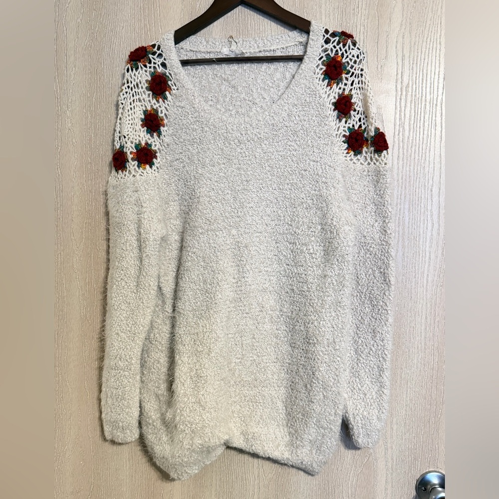 Easel Cozy Cream Sweater with Floral Accents Cutouts